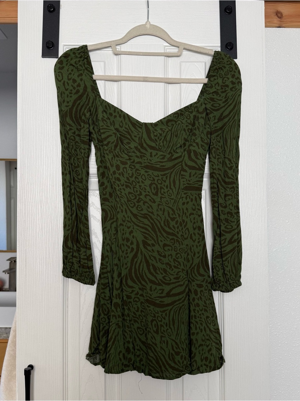 Reformation Olive & Dark Green Printed Long-Sleeve Mini Dress